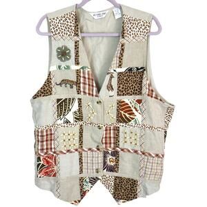 Vintage 90s Victoria Jones Vest Cotton Beige Cream Patchwork Beaded Animal Print